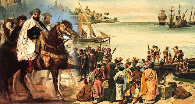 Gambar ini adalah lukisan sejarah yang menggambarkan adegan di sebuah pelabuhan. Di sisi kiri, terdapat beberapa pria yang mengenakan pakaian tradisional Timur Tengah, dengan satu sosok utama yang menonjol di atas kuda. Sosok ini mengenakan sorban dan jubah putih, menunjukkan bahwa dia mungkin seorang pemimpin atau tokoh penting. Di tengah dan sisi kanan gambar, terdapat sekelompok orang yang berkumpul, beberapa di antaranya juga mengenakan pakaian tradisional Timur Tengah, sementara yang lain tampak seperti penjelajah atau pedagang Eropa. Mereka berdiri di tepi air, di mana beberapa kapal layar berlabuh. Latar belakang menunjukkan pemandangan kota dengan bangunan berkubah dan menara, menunjukkan gaya arsitektur Islam. Adegan ini kemungkinan besar menggambarkan momen sejarah pertukaran budaya atau perdagangan antara peradaban yang berbeda.